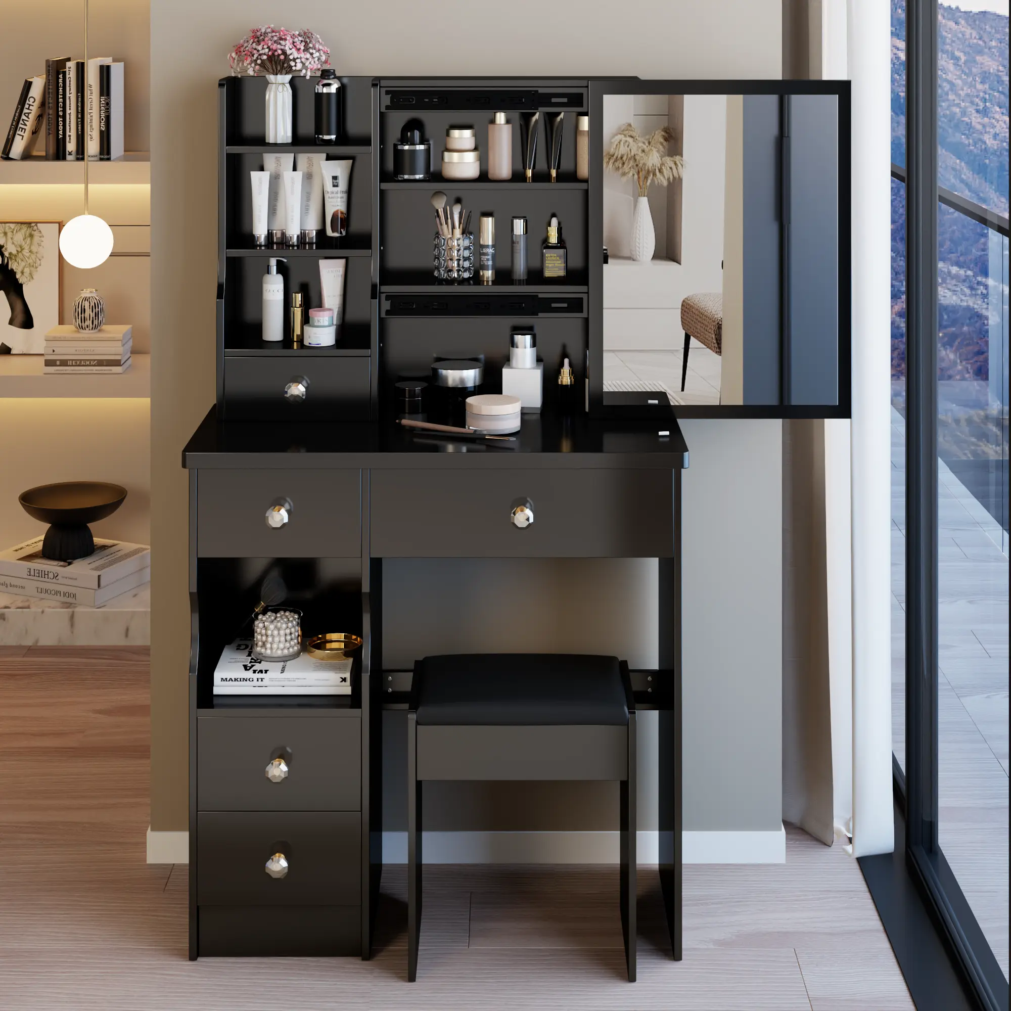 29.2in Small Space Makeup Vanity Set - Vanity with Chair, Left Drawer Desktop Unit, Extra-Large Right Sliding Mirror, Multi-Layer High-Capacity Storage, Practical Fashionable Dresser + Cushioned Stool