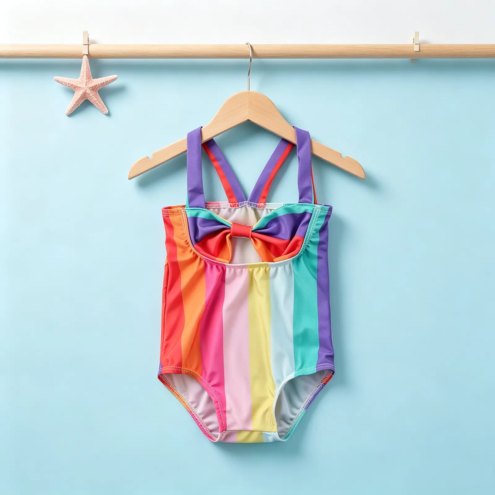 Baby Girl Polyester Sleeveless Rainbow Stripe Bowknot Bikini Swimsuit, 1x Swimsuit for 1-2 Years, 32-34 cm Size