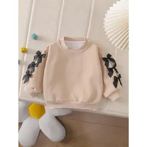 1pc ' 3D Bow Detail Sweatshirt - Soft Long Sleeve Round Neck Pullover, Beige with Black Bows, Casual College Style for Spring/Fall, Machine Washable, Perfect, Parties & Gifts, Party Wear, Outfit, Comfortable Fabric, Durable Material, Pullover Top, Fashion