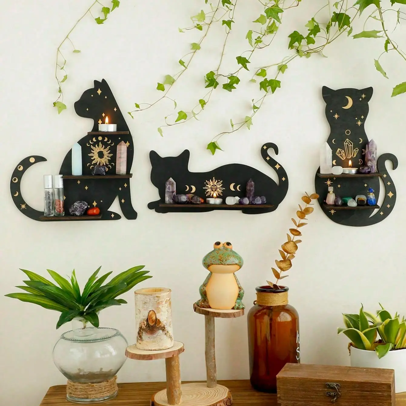 1 Piece Wooden Moon & Cat Design Hanging Decor, Creative Meditation Ornament For Home Wall Decor, Shelf, Display Rack
