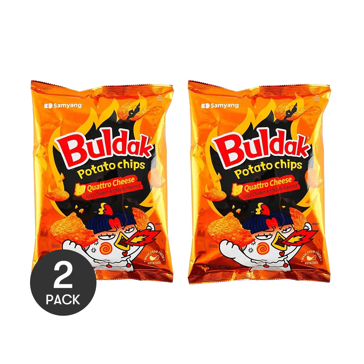 Samyang Buldak Potato Chips Quattro Cheese 4.23oz - Korean Fire Chicken Flavor, Crunchy Spicy Snack