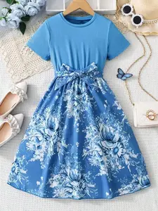 Sweet Girls Splicing Flower Print Short Sleeve Dress, Casual Floral Dresses For Summer Gift, Floral Pattern Dress