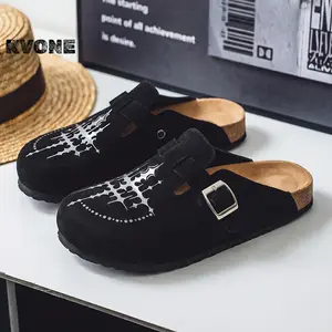 KVONE Unisex summer shoes,Men's Suede Leather Clogs with Adjustable Strap,arch support flat buckle Mules, Minimalist Slip-On Mules, Round Toe Cork Footbed, Star sequin pattern design for Streetwear & Daily Wear