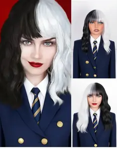 Black and white striped short curly wig (with bangs) Halloween costume wig set, dark style, suitable for women to use.