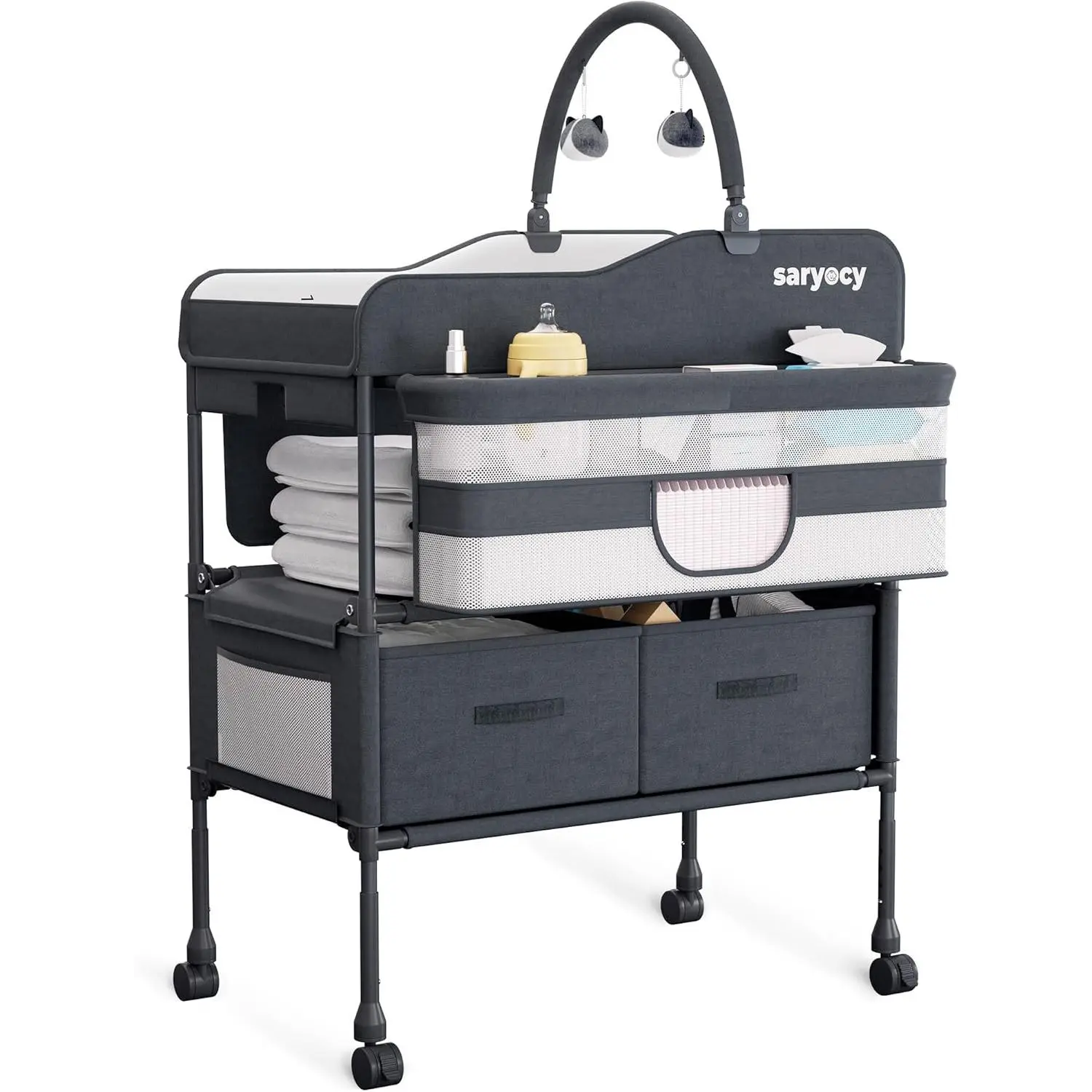 Baby Changing Table with Storage, Versatile Folding Changing Table, Baby Changing Station, Removable Wheels, 4 Adjustable Height, Waterproof, Mobile Nursery for Infant and Newborn