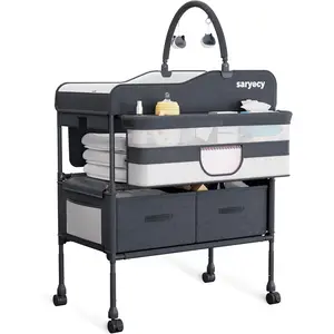 Baby Changing Table with Storage, Versatile Folding Changing Table, Baby Changing Station, Removable Wheels, 4 Adjustable Height, Waterproof, Mobile Nursery for Infant and Newborn