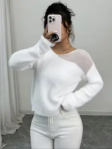 Elegant Women's Knit Sweater, Soft Fabric Round Neck Long Sleeve Fitted Top, Casual Fall Winter, Essential Daily Wear Womenswear Knitwear