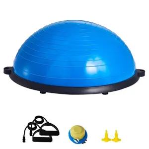 QGEEM 23 Inch Half Balance Ball Trainer, 660LBS Anti-Burst Stability Yoga Ball with 2 Resistance Bands & Foot Pump, Non-Slip Base Core Strength Fitness Exercise Ball for Home Gym Full Body Workout Blue