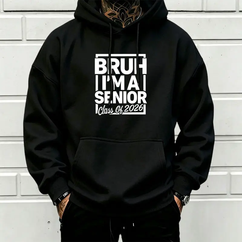Hoodie with square lettering "I'm a senior class of 2026" and a fun slogan for graduation 2026, unisex oversized hoodie