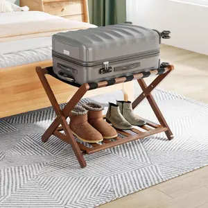 Fully Assembled Walnut Luggage Rack, Upgraded Bamboo Foldable Suitcase Stand with 5 Nylon Straps, Luggage Holder with Shelf for Guest Room Bedroom Hotel