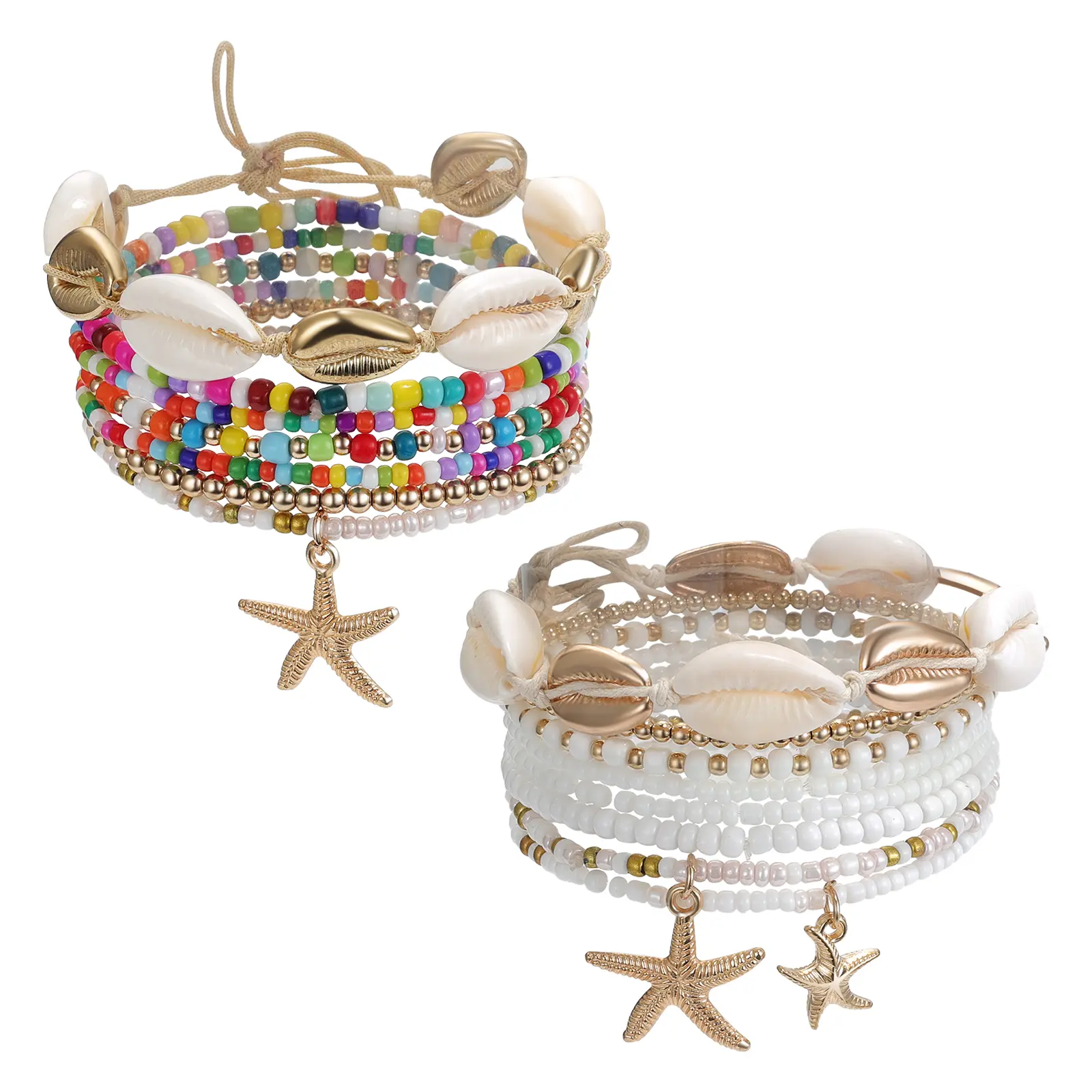 OIDEA 2-Pack Beaded Shell Anklets for Women Bohemian Stretch Charm Anklet Set with Starfish Summer Beach Foot Jewelry