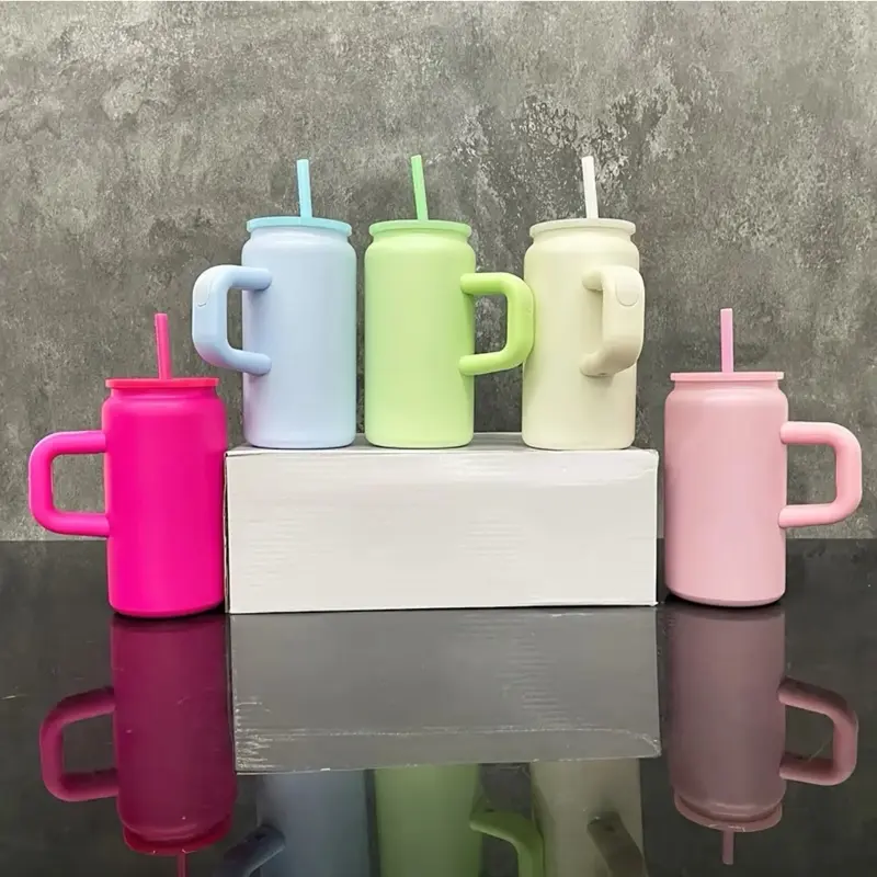 Customize 16 oz stainless steel handle cup. Includes acrylic matching lid and matching color straw.