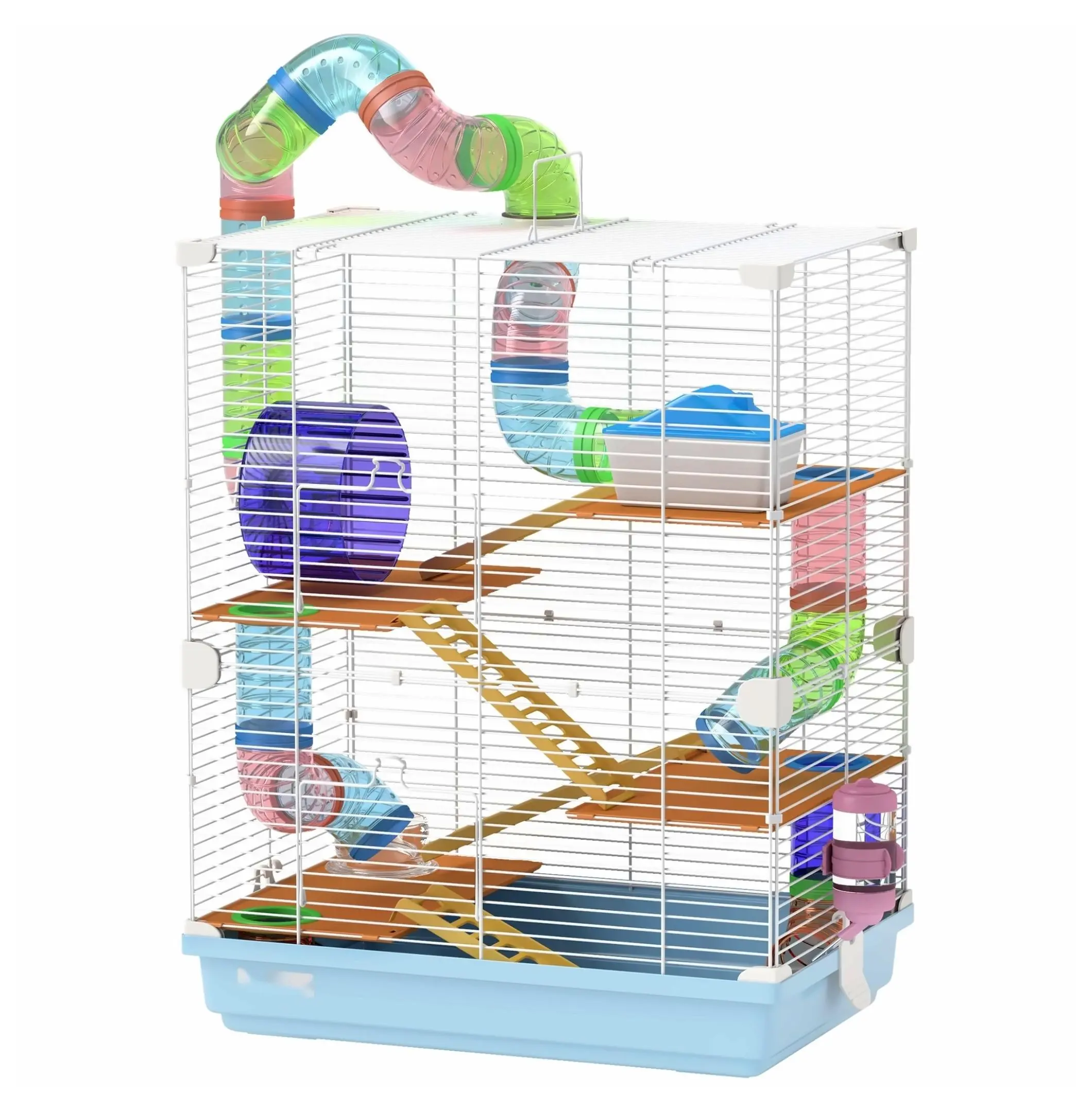 5-Tier Durable Steel Wire Hamster Cage for Hamsters/Gerbils - 18" L x 11.75" W x 22.75" H Portable Multi-Level Small Animal Habitat Complete Kit with Wheel, Tubes, Deep Bottom Base, Light Blue, 5-Tier Hamster Cage