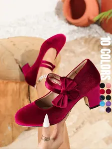 Women's Elegant Bowknot Design Mary Janes Pumps, Fashionable Solid Color Round Toe Thin Heels for Party, Daily Clothing Decor for Women & Girls, Classy, High Heel
