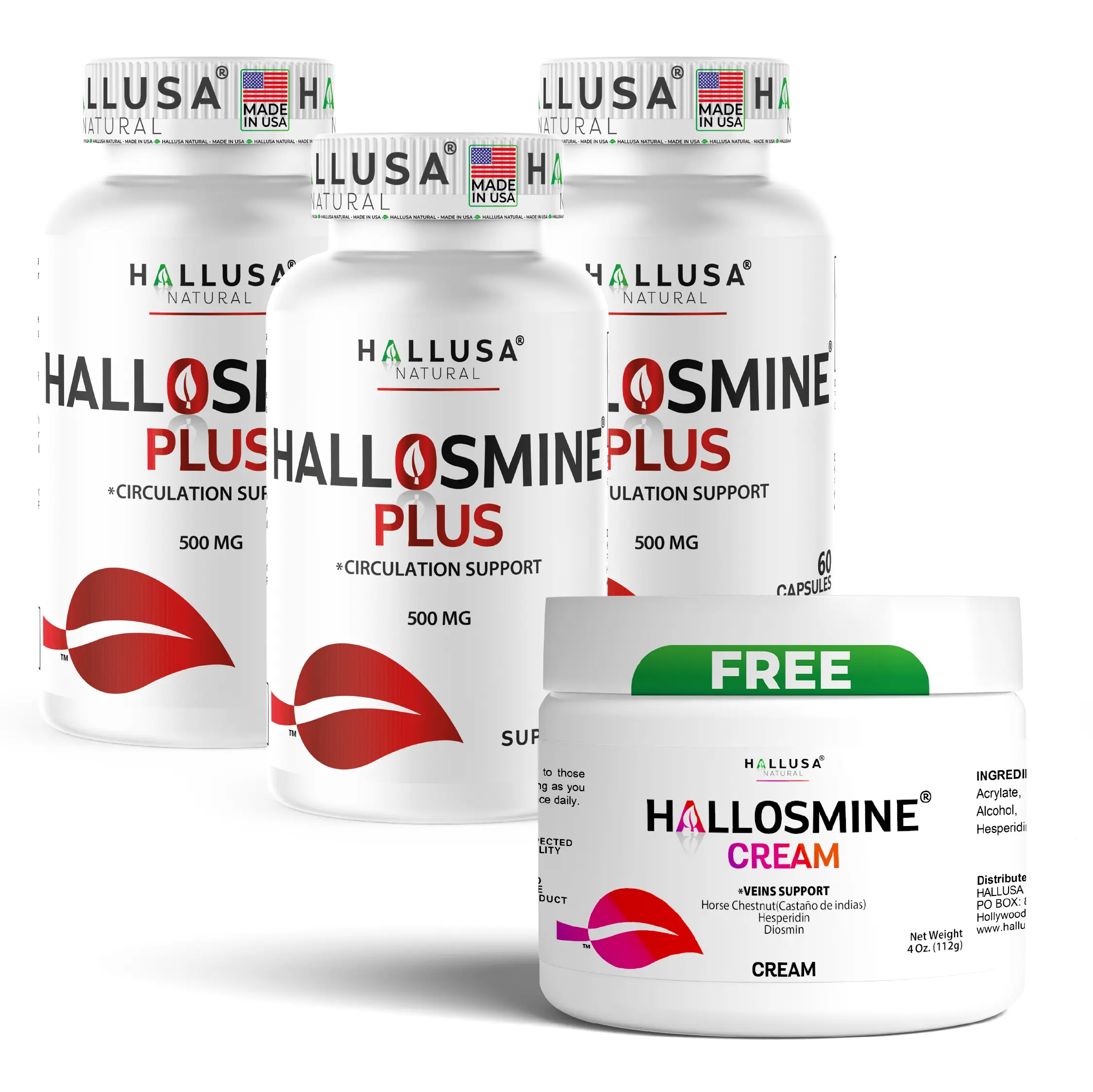 HALLUSA NATURAL HALLOSMINE PLUS Blood Circulation Supplement - 180x500mg Diosmin Capsules, Tired Legs Support, Varicose Veins Relief, Free Circulation Cream Dietary Aid