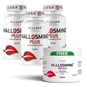 HALLUSA NATURAL HALLOSMINE PLUS Blood Circulation Supplement - 180 Capsules Vitamins Supplements, 500mg Diosmin Multi-Dose Support for Tired Legs, Varicose Veins + FREE Circulation Cream - Dietary Aid
