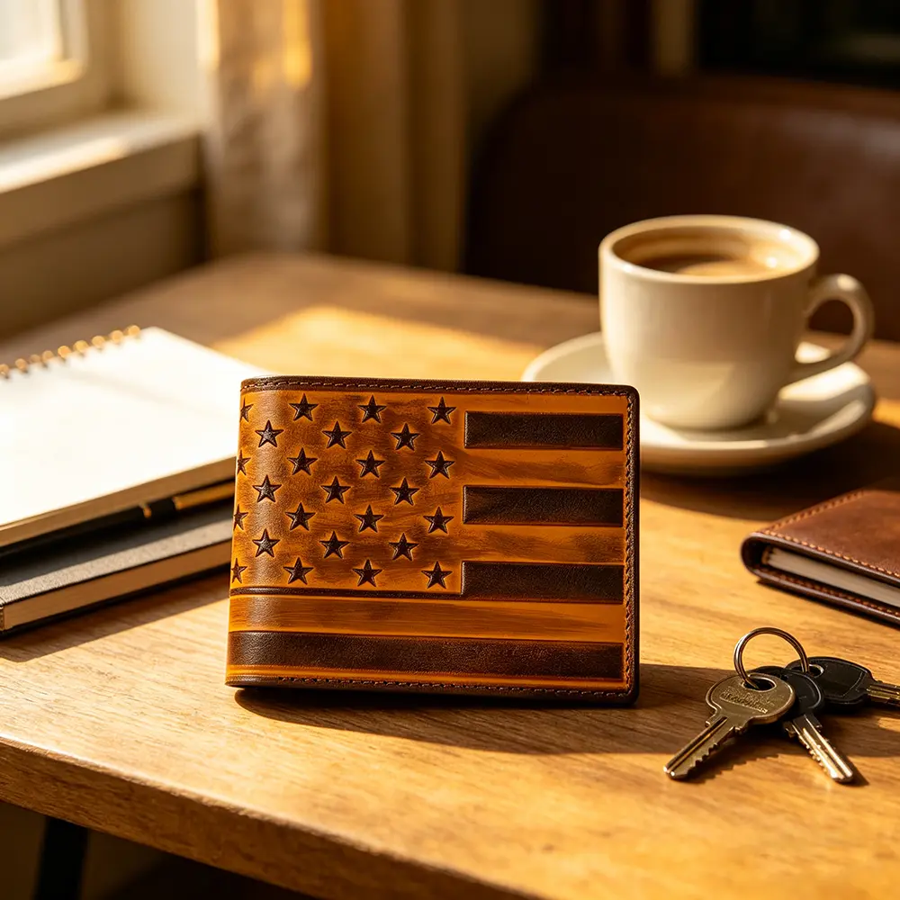 Bifold Men's Wallets, Full Grain Leather Western Style with American Flag Design, Credit Card Holder, Gift for Husband, Genuine Leather Wallet, Casual, Cow Hide, Flap, High-Capacity, Retro Holiday