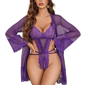 Avidlove Sexy Womens Lingerie Set 2 Piece Lace Teddy with Robe Mesh Bodysuit Nightgown