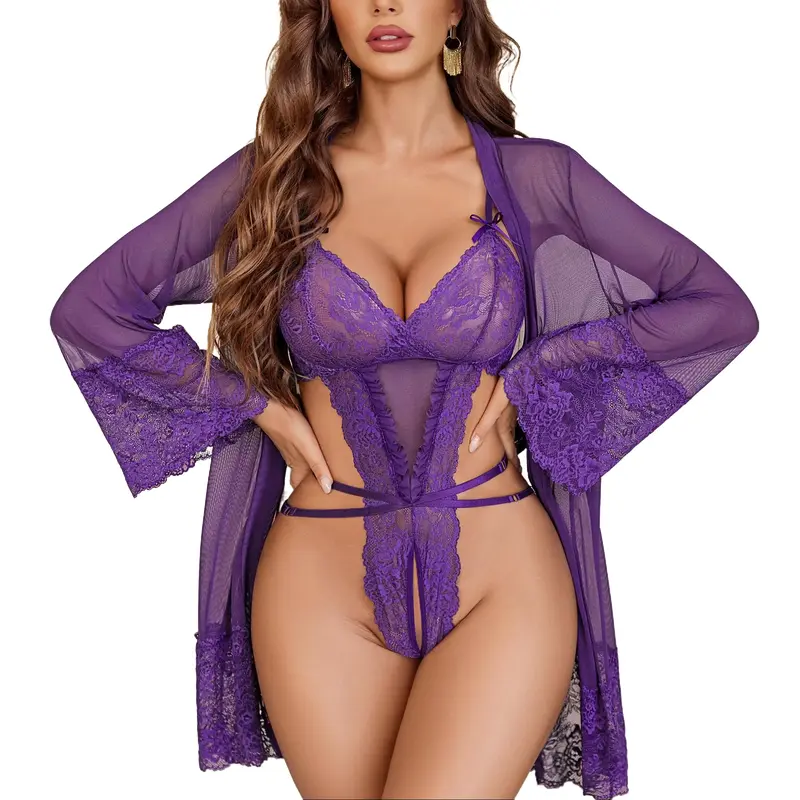 Avidlove Sexy Womens Lingerie Set 2 Piece Lace Teddy with Robe Mesh Bodysuit Nightgown