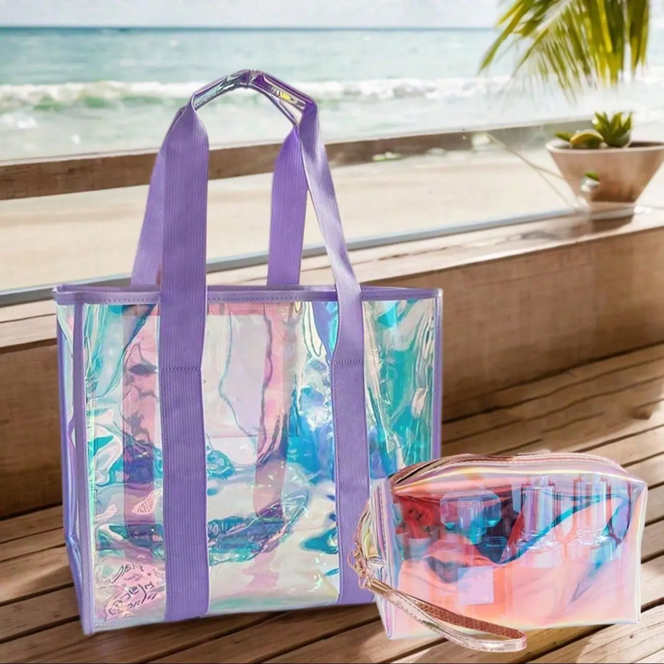 Large Transparent Laser Handbag Set, Large Capacity Clear Tote Bag, Colorful PVC Zipper Makeup Bag, Waterproof Sandproof Lightweight Summer Beach Bag