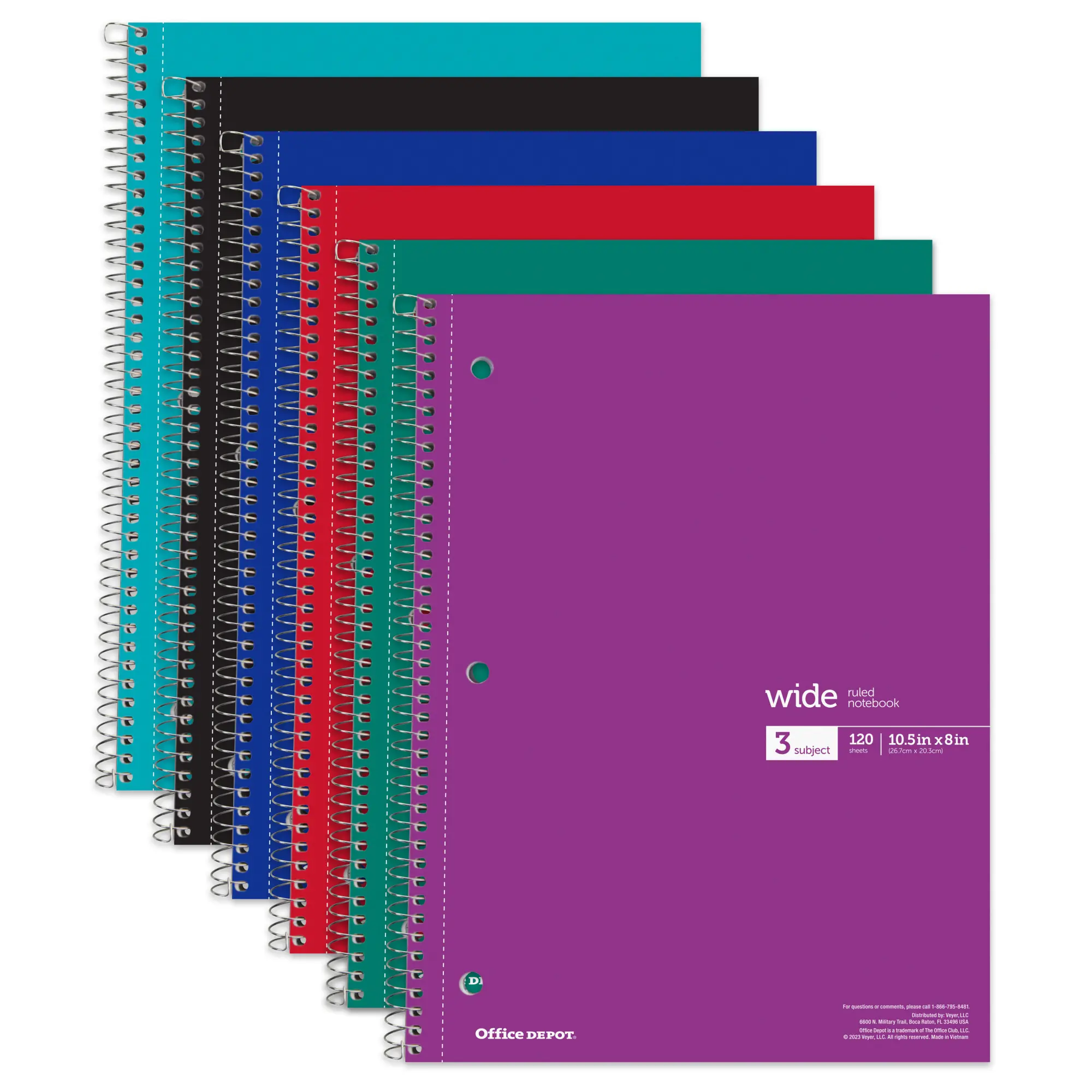 Office Depot® Wirebound Notebooks, 8" x 10-1/2", 3 Subjects, Wide Ruled, 120 Sheets, Assorted Colors, Pack Of 6 Notebook