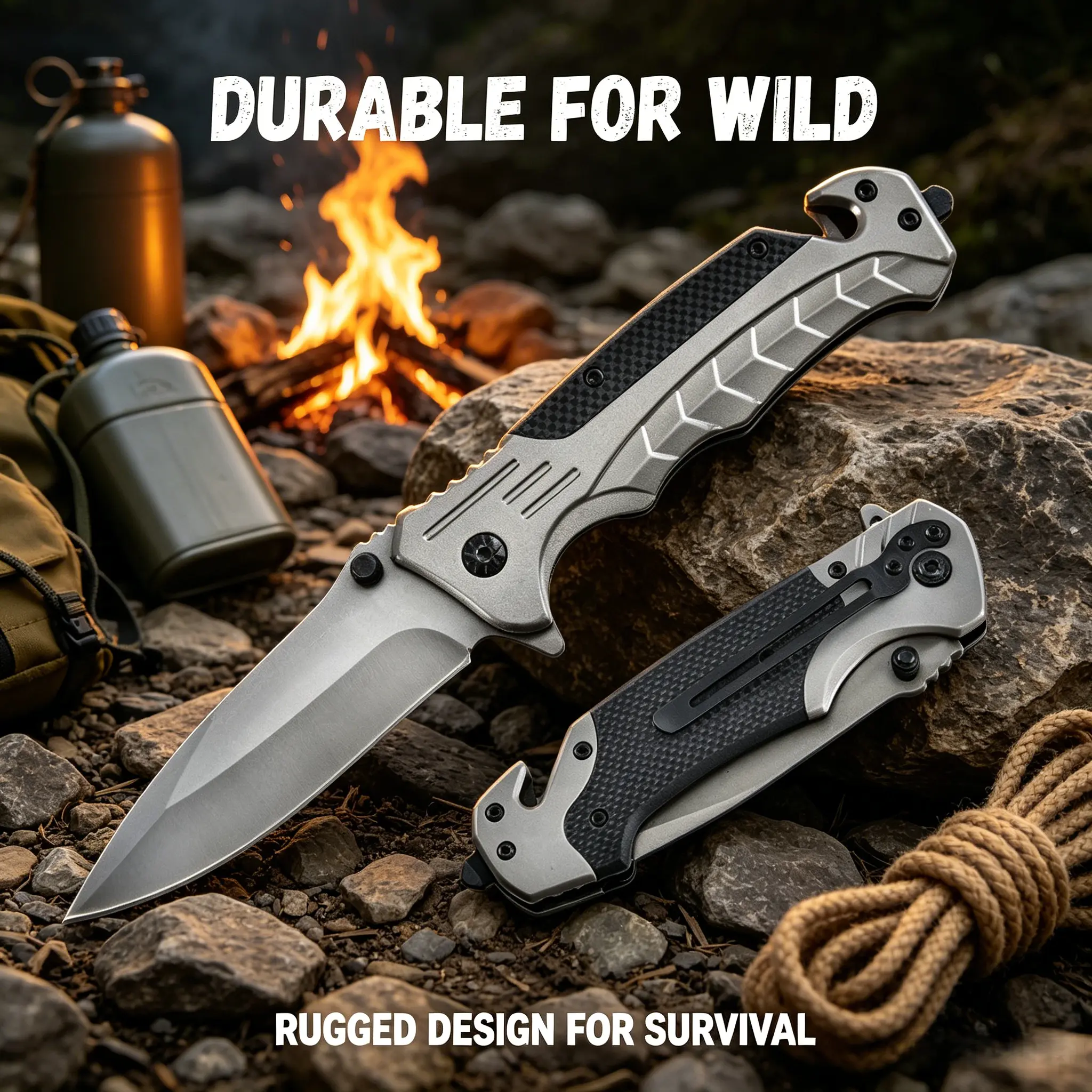 Folding Tactical EDC Pocket Knife - Heavy-Duty Stainless Steel Outdoor Tool with Glass Breaker, Seatbelt Cutter for Camping, Self-Defense