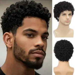 Men's wig headgear, small curly fluffy short hair realistic black short curly hair men's hair rose net wig