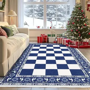 6x9 Area Rugs for Living Room, Checkered Christmas Rugs for Holiday Decor, Non Slip Low Pile Washable Rug for Dining Room, Bedroom, Blue