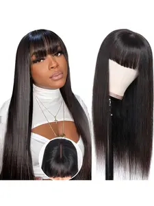 180% Density Glueless Machine-Made Human Hair Wig with Bangs - Natural Black Straight Hair, No Lace Front/Ru Net, Long Silky Straight Wigs for Women (Beginner-Friendly, Daily Wear, Instant Volume) - Affordable Natural Look