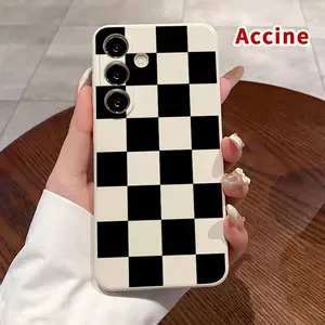 Straight Edge Phone Case Compatible with Samsung Galaxy S26 S23 Ultra S24 Plus S25 S22 Edge Checkered Monochrome Dance Pattern Pocket-Friendly Shockproof Silicone Protective SoftCase