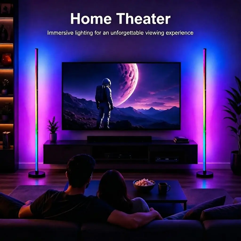 RGB Color Changing Corner Floor Lamp, Sound Pickup Rhythm Light Bar, USB Powered Smart Atmosphere Standing Lamp with Remote & Bluetooth App Control for Room Decor