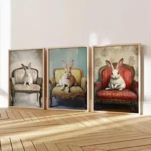 3pcs/set Frameless Canvas Wall Art Artwork, Easter Bunny Painting Vintage Sofa Decor, Cute Rabbit Animal Wall Decoration Set