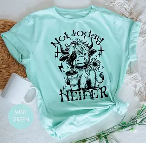 Higjland Cow Shirts Graphic Unisex Not Today Heifer Printed Women's Casual Cotton Shortsleeve Shirt Mint Green Cap T-Shirt - Leggings Top Womenswear Lightweight