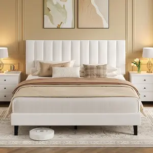 Queen Size Bed Frame with Adjustable Height Headboard, Velvet Upholstered Platform Bed with Vertical Channel Tufted Design, Sturdy Wooden Slats for Noise-Free Support, No Box Spring Needed