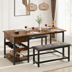 Brown Dining Table Set with 2 Benches (Seats 4) - Commercial/Office Furniture with Functional Storage Drawers, Wine Rack, Metal Frame for Small Space Breakfast Nook & Dining Room