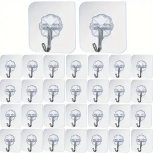30pcs Transparent Adhesive Hooks - No-Damage, Nail-Free Wall Mount for Picture Frames & Tiles, Strong Hold Multi-Surface Compatibility