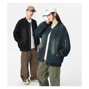 American retro college feng shui wash, do old, splashed ink gradient stand up collar, drop shoulder zipper, fashionable and versatile casual denim jacket for men and women, loose and versatile American heavy water shuffle couple outfit jacket