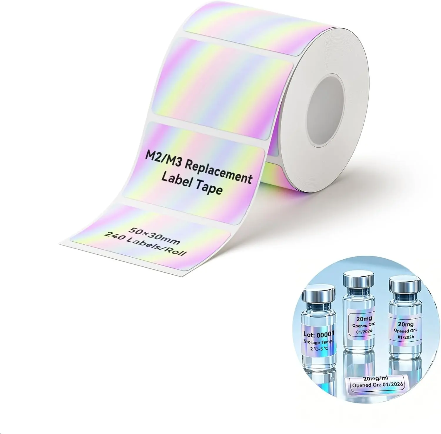 M2/M3 Thermal Transfer Labels 1.97''×1.18'', 240 Tapes/Roll, for M2/M3 Label Maker, Long Storage Time, for Small Businesses, Cosmetics, Vitamins Labeling, Hologram