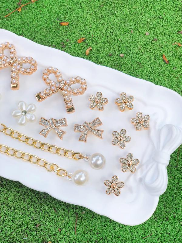 14pcs Elegant Shoe Flower Accessories with Pearl Bow, DIY Removable Shoe Charms for Sandals and Clogs, Rhinestone Shoe Decoration, Perfect Gift for Festivals