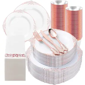 Rose Gold Plastic Plates Set for 50 Guests 100 Disposable Plates 150 Silverware 50 Cups 50 Napkins Elegant Vintage Trim Perfect for Christmas Party Wedding Birthdays & Anniversary