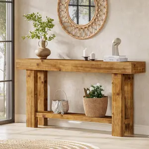 Tribewood Solid Wood Console Table for Living Room, 63-Inch Farmhouse Sofa Table with 2-Tier Storage, Rustic Brown