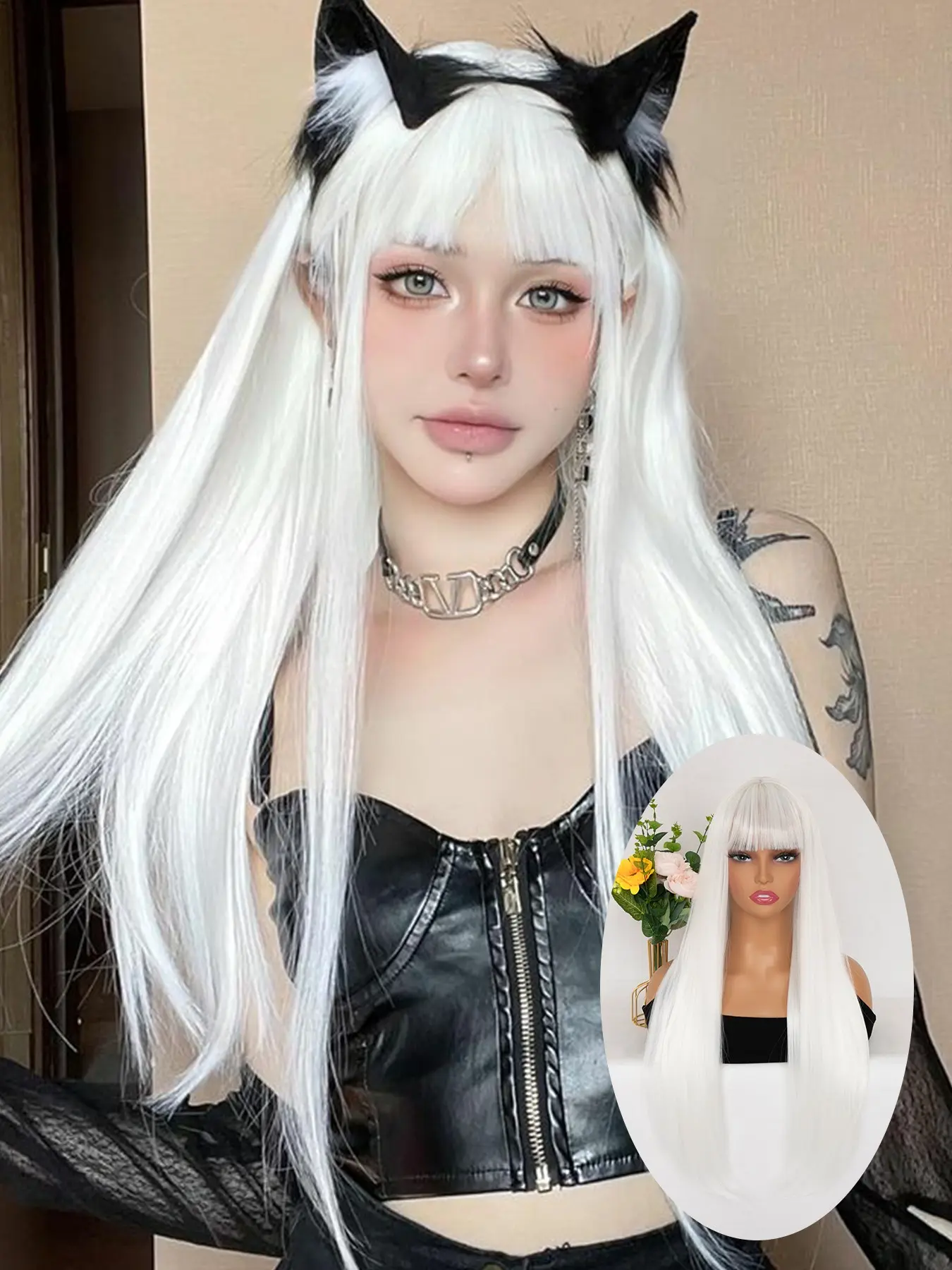 28 Inches Long Straight Hair With Bangs Synthetic Hairpiece, Heat Resistant, White, Can Be Used For Party Or Halloween Cosplay, Synthetic Wigs