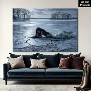 2D Flat, Framed Mermaid on Winter Ice Lake 2 - Frame & Wrapped Canvas Painting Poster, Elegant Mermaid Theme Suitable for Living Room, Bathroom Decor, Valentine's Day Gift - Winter Spring Home Decoration, 2D Flat	