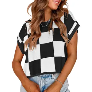 Womens Cap Sleeve Summer Tops Crop Checkered Y2K Outfits Cute Preppy Clothes Loose Fit Lightweight Short Sleeve Sweater