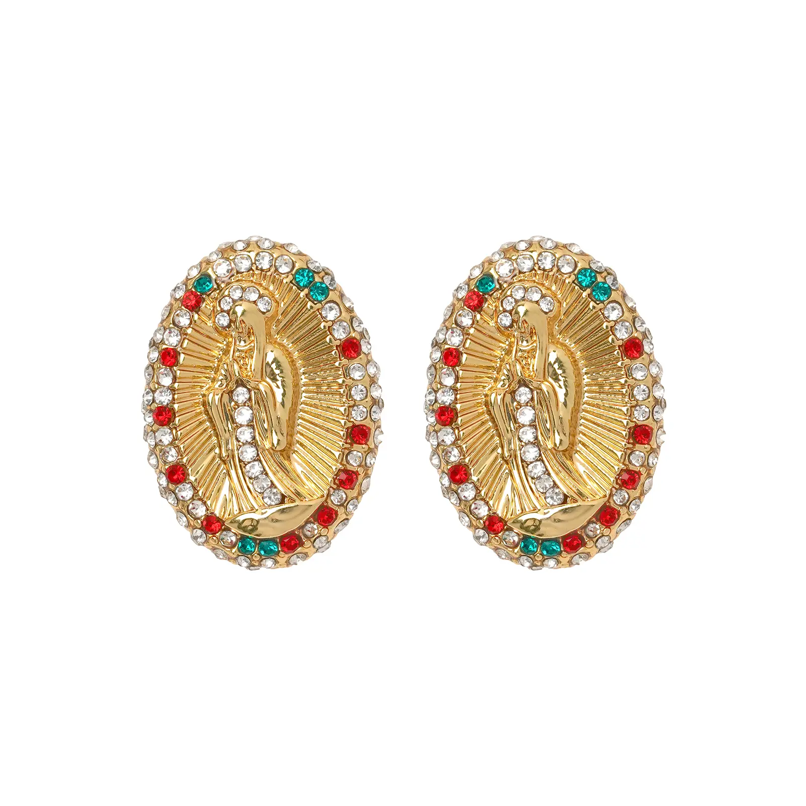 Women's Gold-Plated Vintage Jesus Motif Crystal Stud Earrings - 1 Pair, 2x2.8cm Medallion Shape, Red & Green Crystals, Raised Sacred Figure, Bold Design, Gold Aesthetic, Bling Effect, Holiday Outfits, Meaningful Gift Costume Jewelry, Crystal Studs