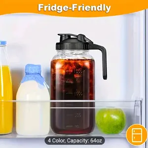 2 pcs 64oz Mason Jars with Lid, Glass Pitcher Double Leak Proof with Pour Spout Handle, 2 Quart Wide Mouth Breast Milk Pitcher for Fridge, Creamer Container for Coffee, Sun Tea