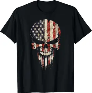Vintage USA Flag Skull Patriotic T-Shirt Pure Cotton Graphic Tees Menswear Top: Gifts for Men & Women, Natural, Shortsleeve
