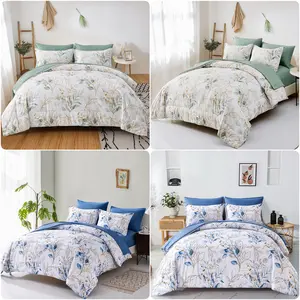 7 Pieces Floral Bed in a Bag Botanical Comforter Set Reversible Green Gold Leaves Bedding Set White Blue Microfiber Full Queen King Size (1 Comforter,2 Pillowcase,2 Pillow Shams,1 Flat Sheet,1 Fitted Sheet)
