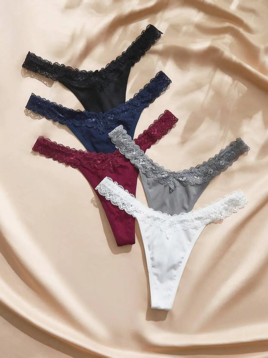 Charlaine 5pcs Romantic Lace Patchwork Thongs