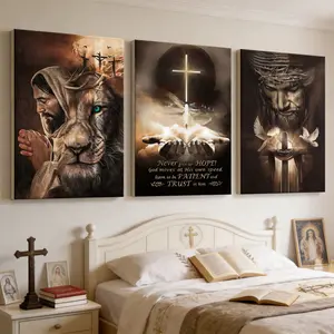 Three Jesus Canvas Print Set, Modern Fashion Style, Lion, Holy Cross, Almighty God, Room Decoration, Wall Art Poster, Home Decor, Perfect Gift